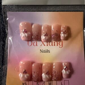 Pink 3D Flower Glitter Press-On Nails